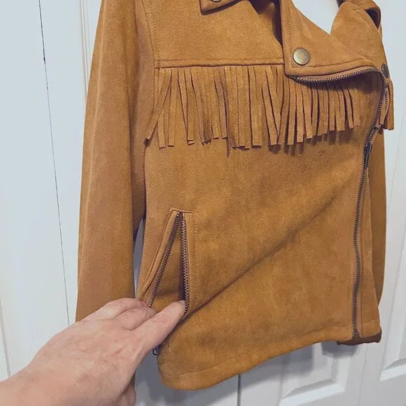 C & V Chelsea & Violet Camel Fringed Faux Suede Cuffed Sleeves-Tan/Camel-Cropped